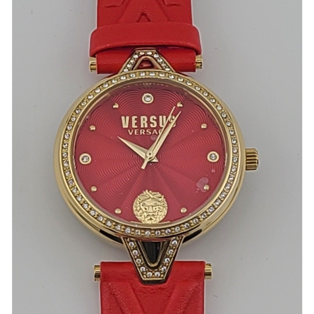 Versus Versace Women's Lea Red Dial Gold Tone Crystal Bezel Leather Watch